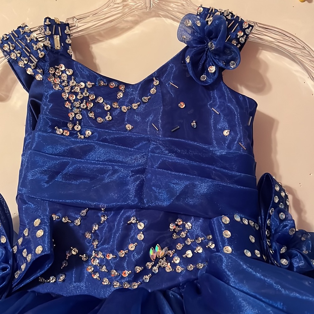 Little Girls Royal Blue Ruffle Organza Party Dress with Embellished Bodice - Picture 2 of 10